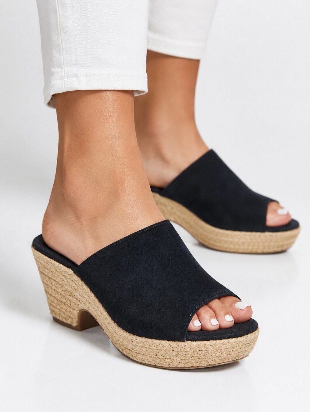 CLARKS Maritsa Women's Black Suede Espadrille Mule Wedge Sandals Comfort Slip-On